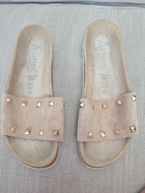 Suede Studded Slide Mules in Taupe by Autenti